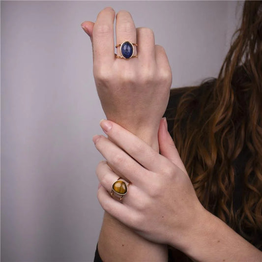 18K gold-plated adjustable ring with natural sodalite gemstone