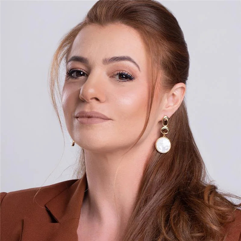 18K gold-plated dangle earrings with mosaic mother-of-pearl gem