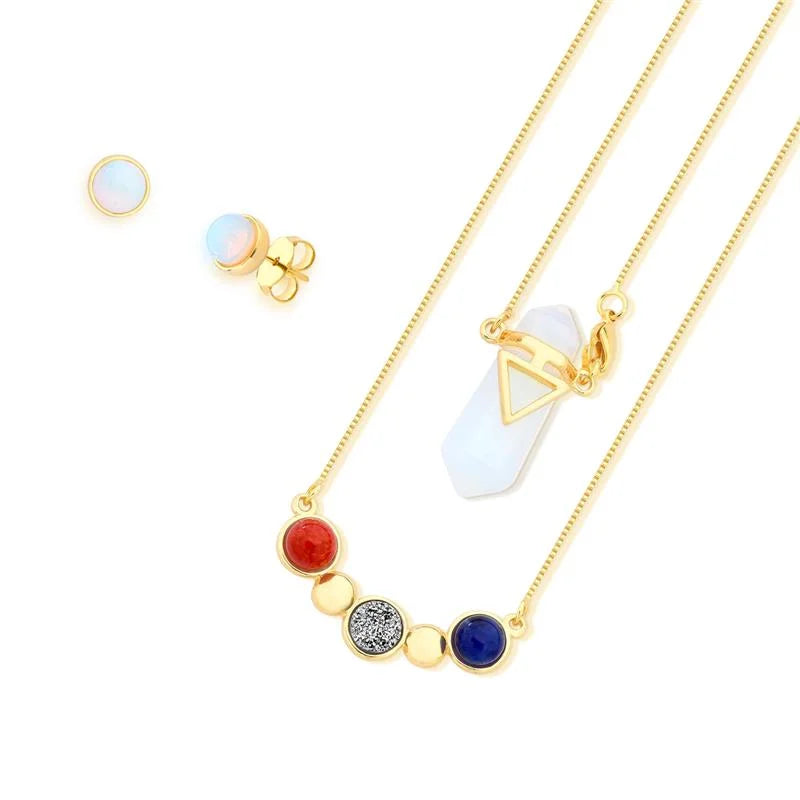 18K Gold-plated earrings and necklace set with round cabochon natural gemstones