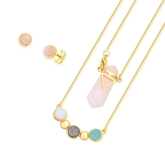 18K Gold-plated earrings and necklace set with round cabochon natural gemstones