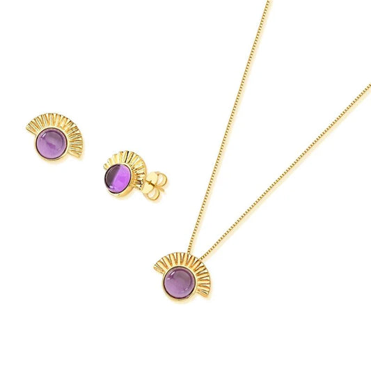 18K Gold-plated earrings and necklace set with cabochon amethyst stone