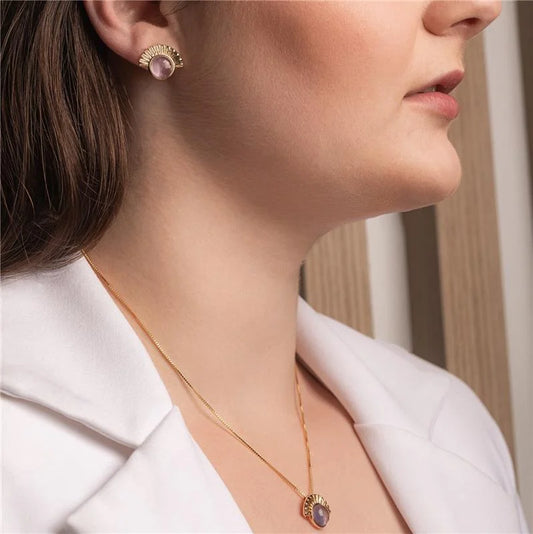 18K Gold-plated earrings and necklace set with cabochon amethyst stone