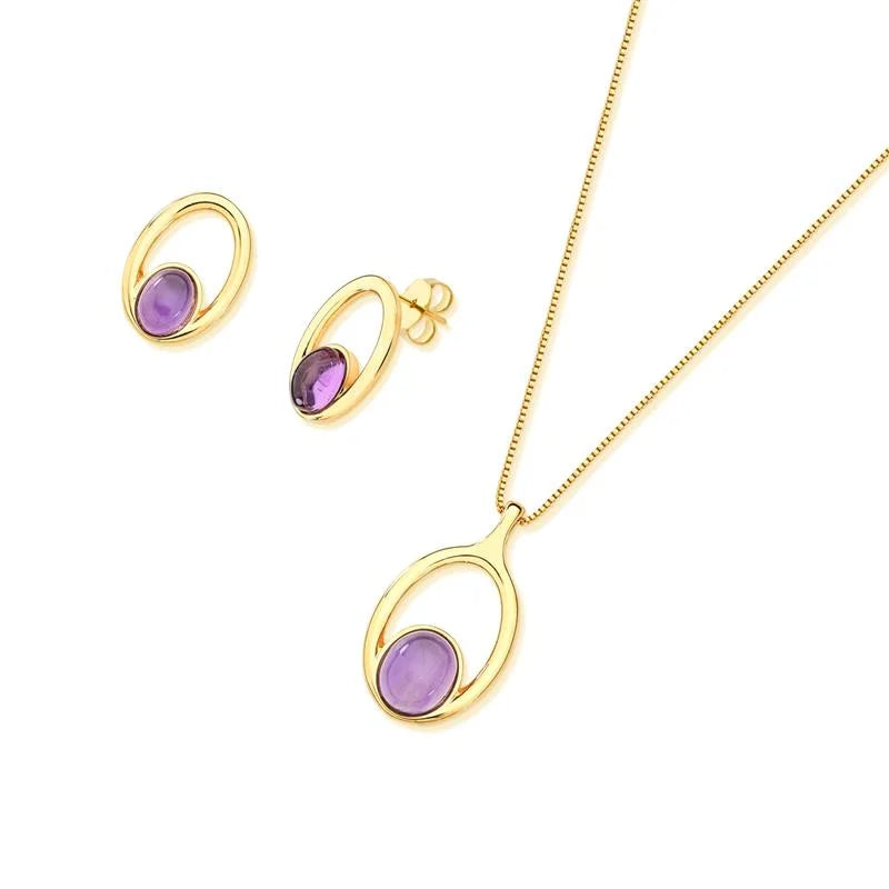 18K Gold-plated earrings and necklace set with cabochon amethyst stones