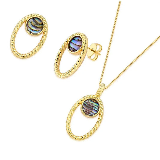 18K gold-plated earrings and necklace set with abalone shell gemstone