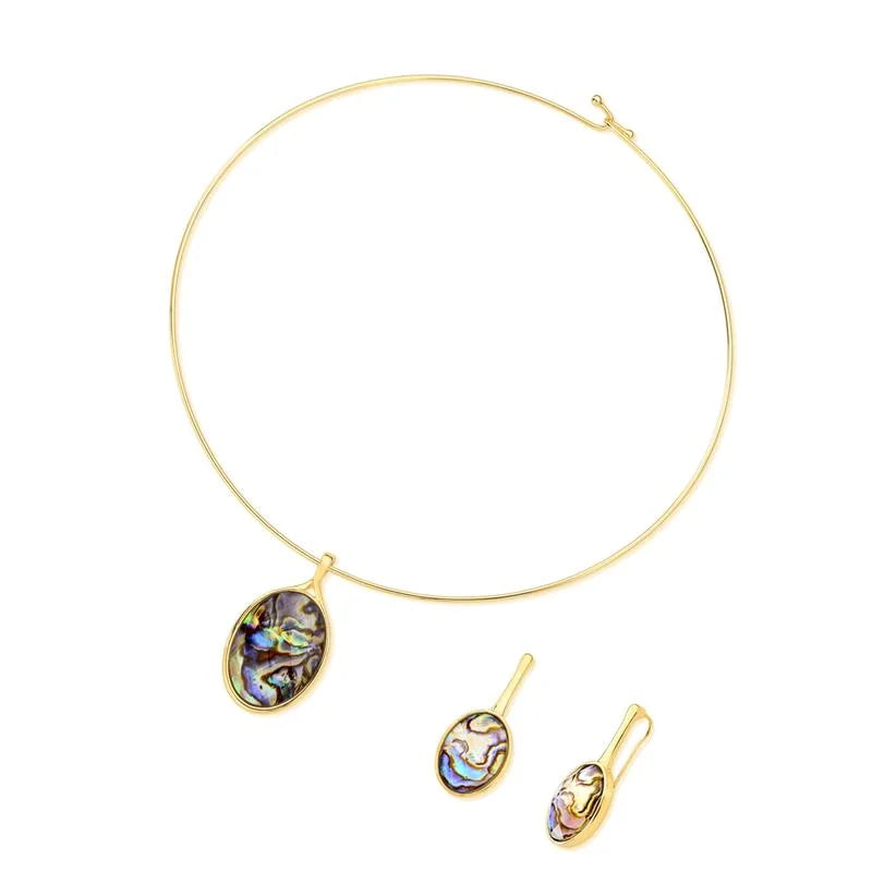 18K gold-plated earrings and necklace set with natural abalone gemstone