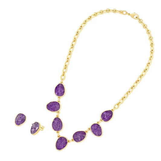 18K gold-plated earrings and necklace set with fragmented amethyst stones
