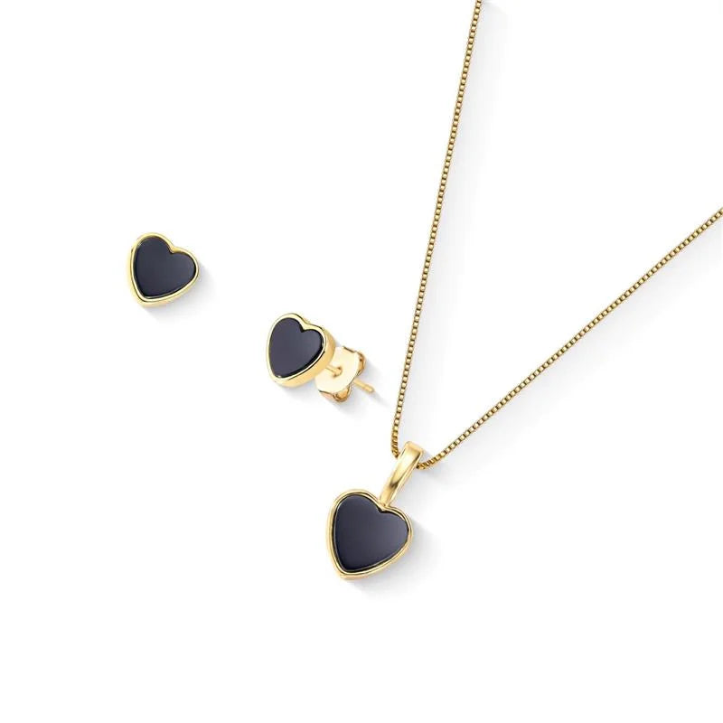 18K gold-plated earrings and necklace set with heart-shaped hematite gemstones