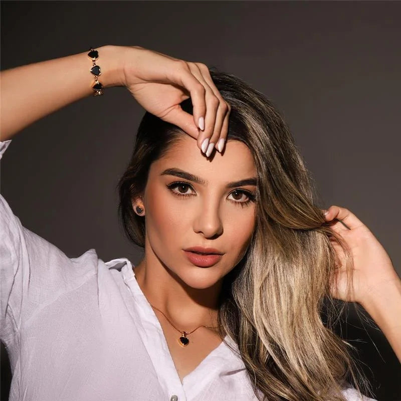 18K gold-plated earrings and necklace set with heart-shaped hematite gemstones