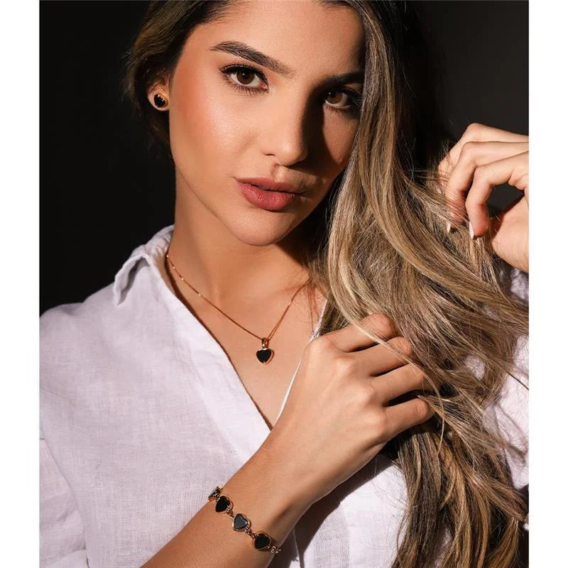 18K gold-plated earrings and necklace set with heart-shaped hematite gemstones