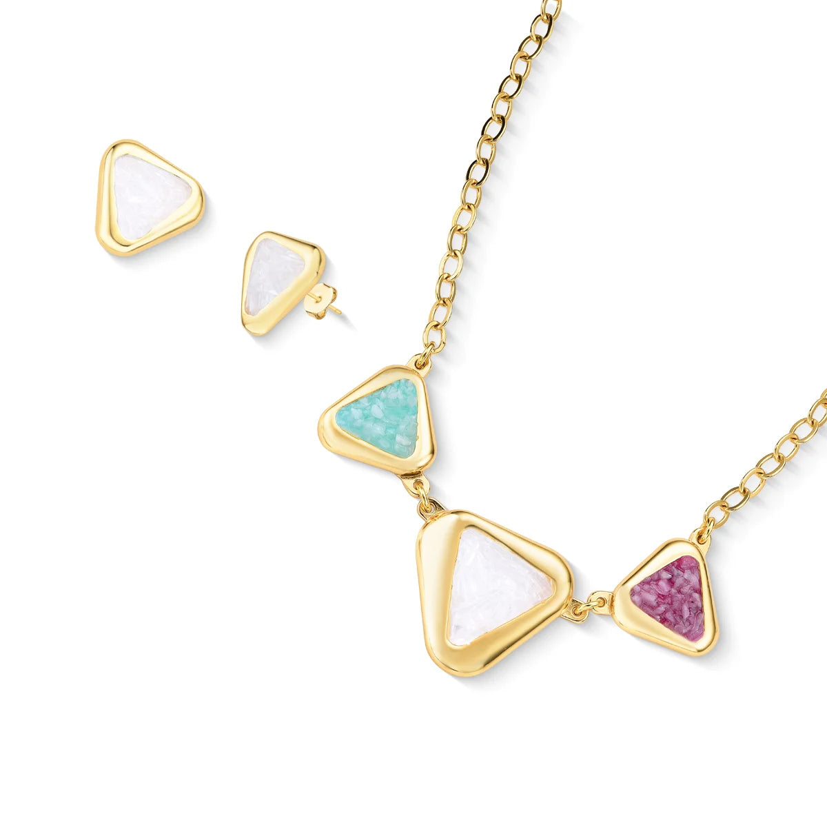 18K gold-plated set of earrings and necklace with gemstones of green amazonite, selenite, and pink rhodonite