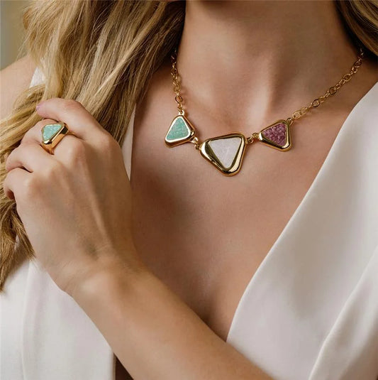 18K gold-plated set of earrings and necklace with gemstones of green amazonite, selenite, and pink rhodonite