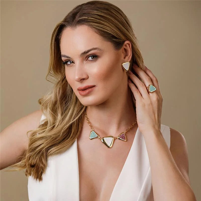 18K gold-plated set of earrings and necklace with gemstones of green amazonite, selenite, and pink rhodonite