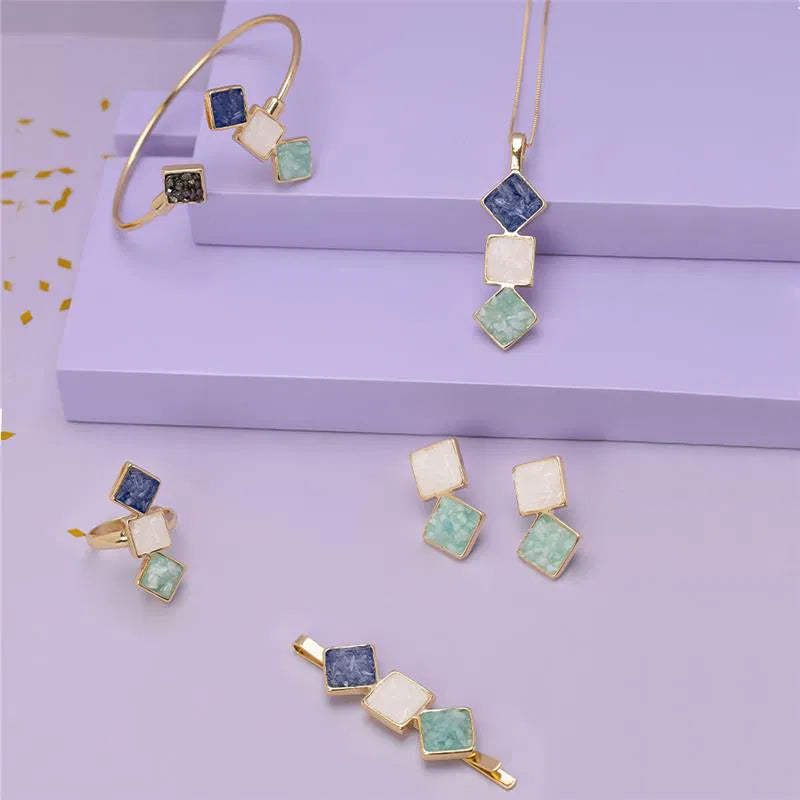 18K Gold-Plated Geometric Jewelry Set with Colorful Stones for Women