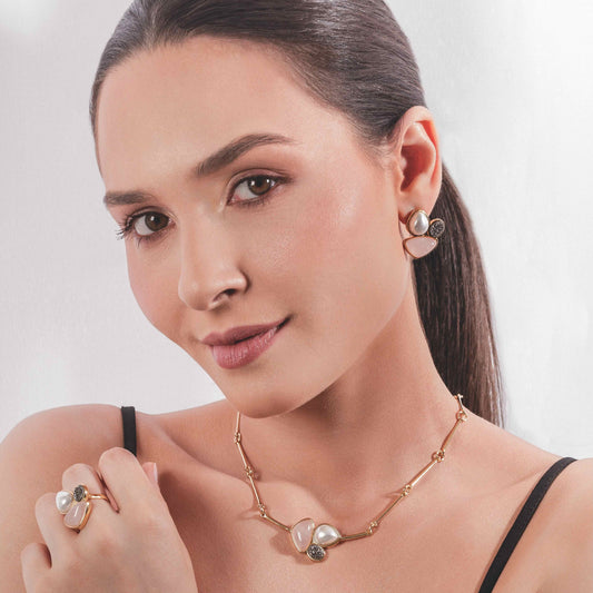 18K gold-plated earrings and necklace set with pearls and natural gemstones