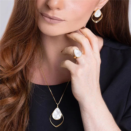 18K Gold-Plated Ring — Mosaic Mother-of-Pearl Gemstone Ring