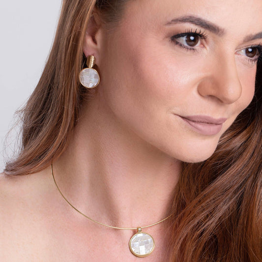 18K gold-plated earring and necklace set with mother-of-pearl mosaic stones