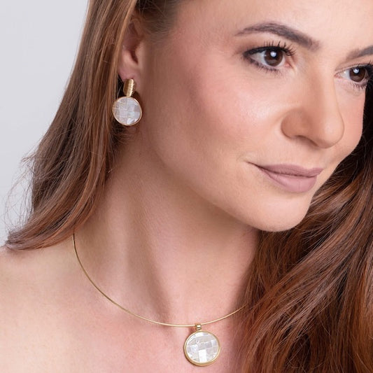 18K gold-plated earring and necklace set with mother-of-pearl mosaic stones