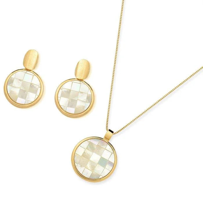 18K gold-plated earring and necklace set with mother-of-pearl mosaic stones