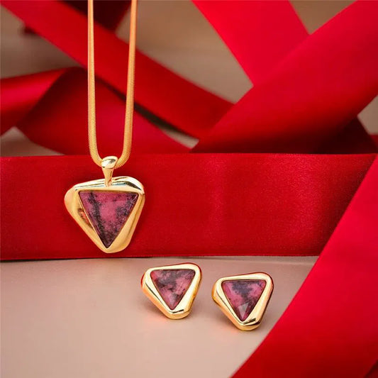 Rhodonite Gold-Plated Necklace & Earrings Set — Geometric Faceted Gemstone Jewelry