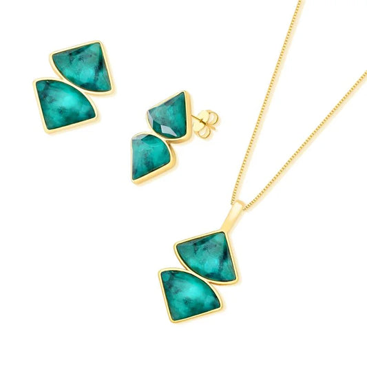 18K gold-plated set of earrings and necklace with emerald gemstones