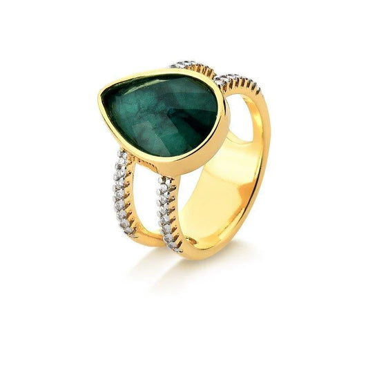 18K Gold-plated ring with white rhodium and emerald gemstone