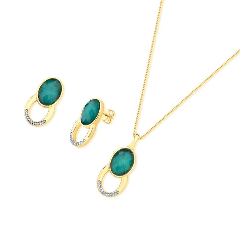 18K gold-plated earrings and necklace set with emerald gemstone