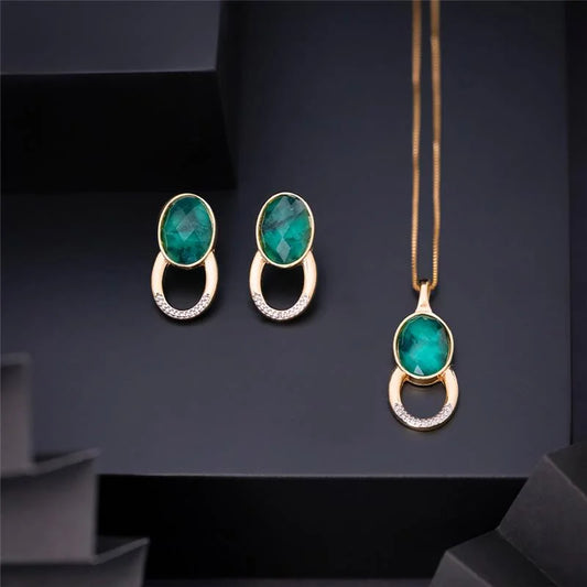 18K gold-plated earrings and necklace set with emerald gemstone