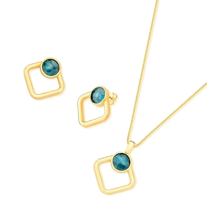 18K gold-plated earrings and necklace set with emerald gemstone
