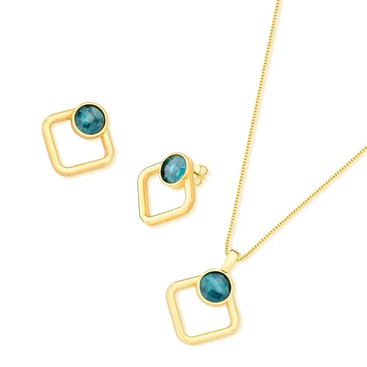 18K gold-plated earrings and necklace set with emerald gemstone