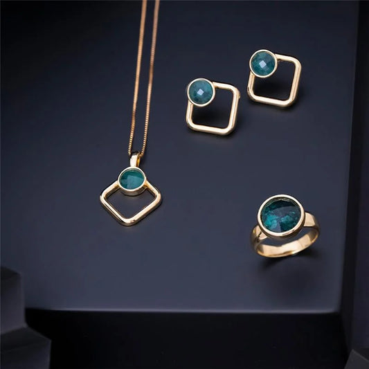 18K gold-plated earrings and necklace set with emerald gemstone