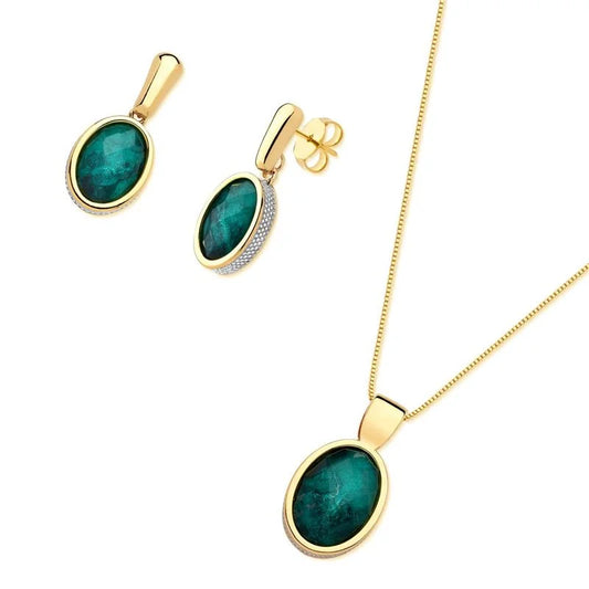 18K gold-plated earrings and necklace set with emerald gemstone