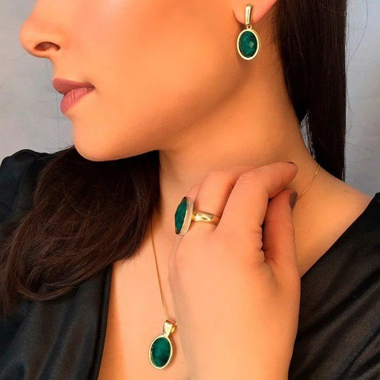 18K gold-plated earrings and necklace set with emerald gemstone