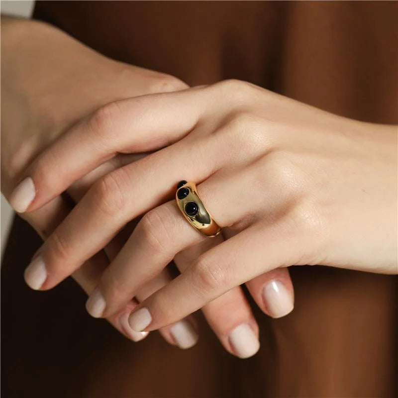 18K gold-plated ring with  black agate cabochon gemstones