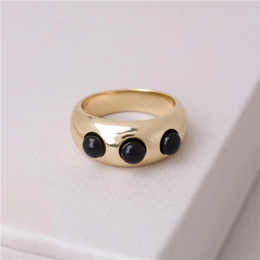 18K gold-plated ring with  black agate cabochon gemstones