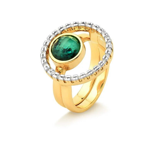 18K Gold-plated ring and white rhodium with emerald gemstone