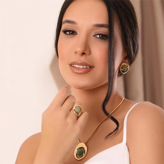 18K Gold-Plated Pearl Porcelain Gemstone Jewelry Set | Earrings & Necklace