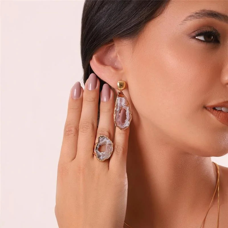 18K gold-plated dangle earrings with natural geode gemstone