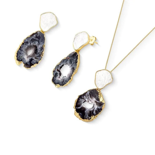 18K gold-plated set of earrings and necklace with natural geode stones
