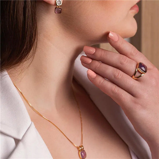 18K Gold-Plated Amethyst Ring | Square Gemstone Statement Ring for Women