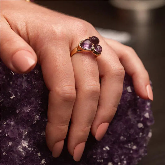 18K Gold-Plated Amethyst Ring | Teardrop & Round Cabochon Gemstone Statement Ring