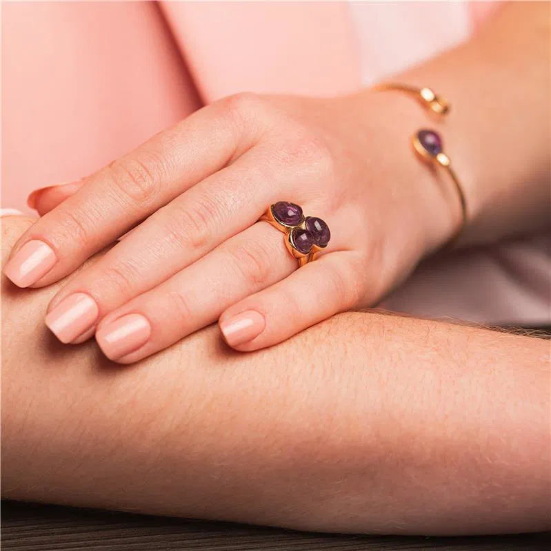18K Gold-Plated Amethyst Ring | Teardrop & Round Cabochon Gemstone Statement Ring