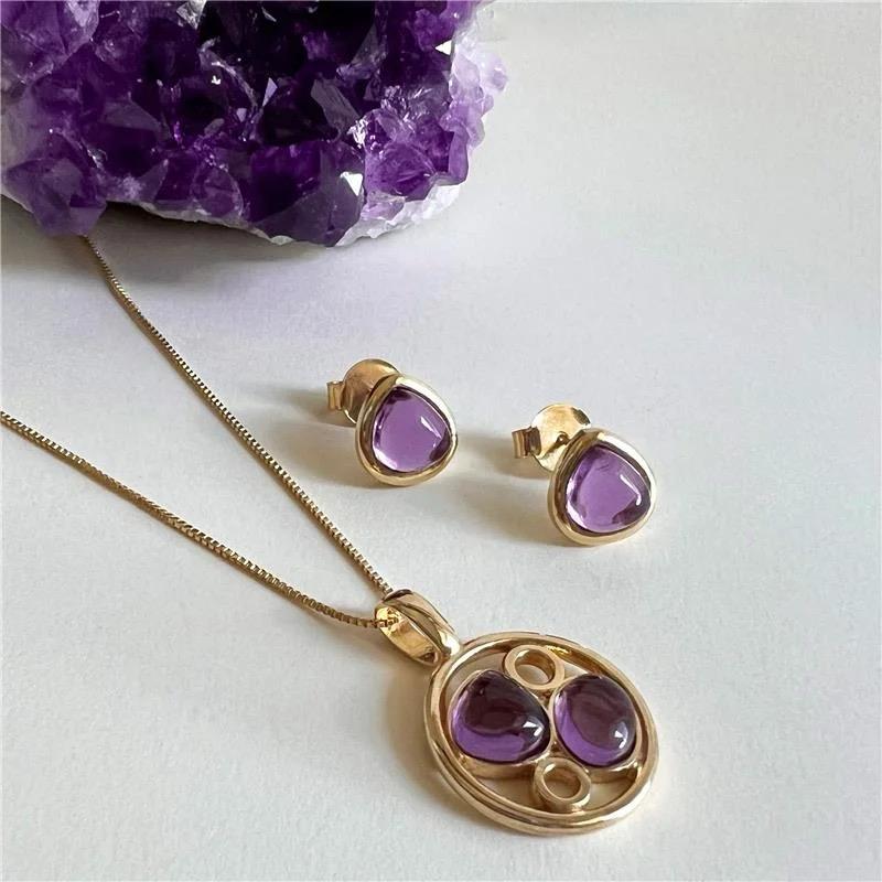 18K gold-plated set of earrings and necklace with amethyst gemstones