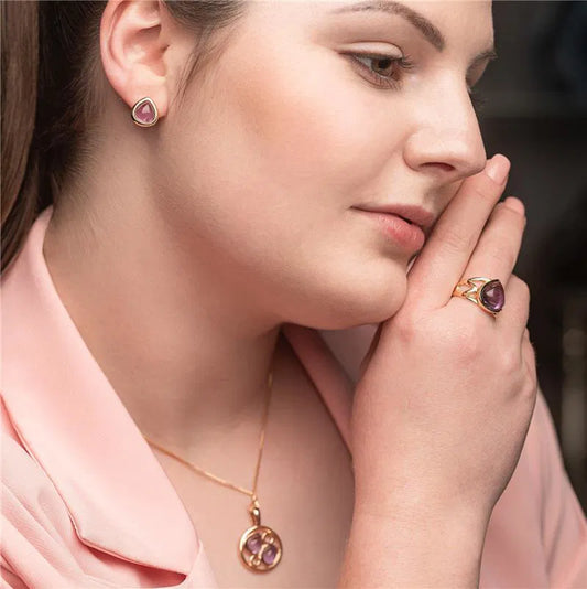 18K gold-plated set of earrings and necklace with amethyst gemstones