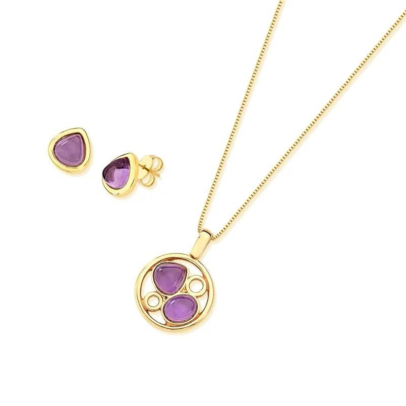 18K gold-plated set of earrings and necklace with amethyst gemstones