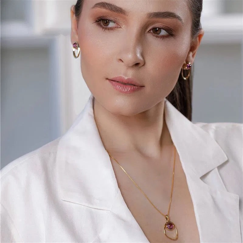 Elegant Gold Amethyst Jewelry Set – Modern Minimalist Necklace & Earrings