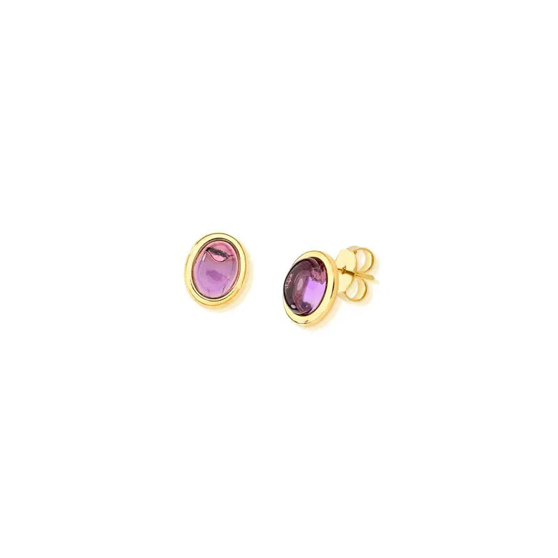 18K Gold-Plated Amethyst Earrings – Oval Cabochon Gemstone, Elegant & Spiritual