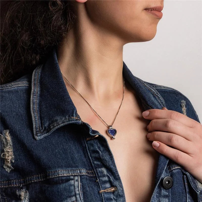 Heart-shaped locket combo necklace with seven natural stone plates