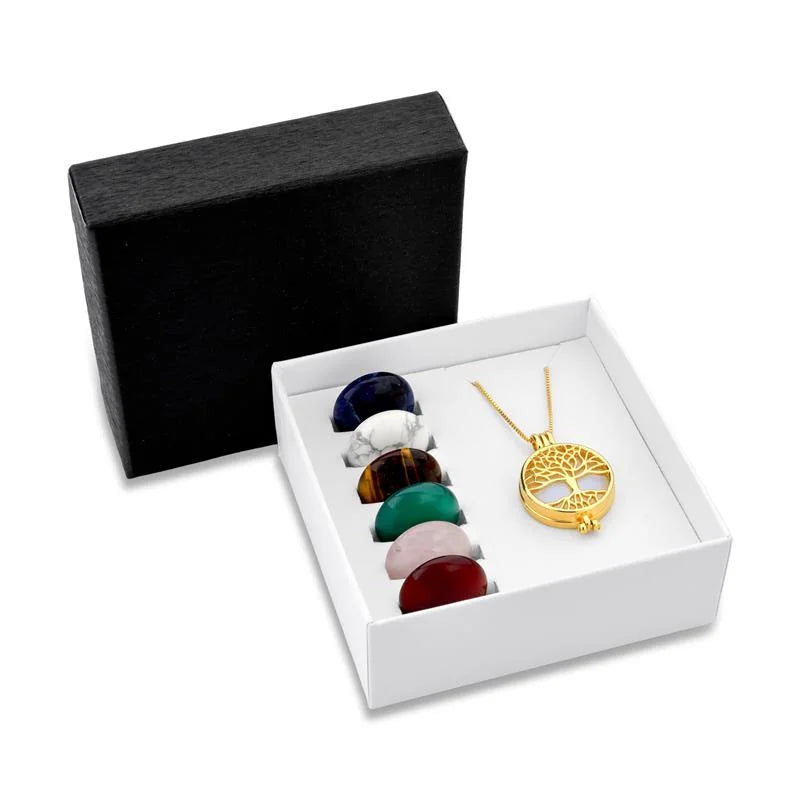 18K gold-plated necklace combo adorned with Tree of Life and seven round gemstones