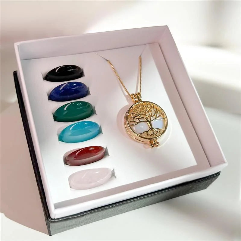 18K gold-plated necklace combo adorned with Tree of Life and seven round gemstones