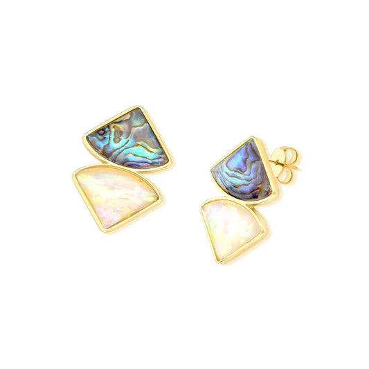 18K gold-plated stud earrings with abalone and sea opal nautilus gemstones